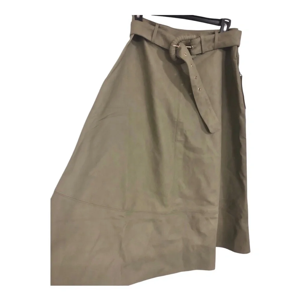 Haute Monde olive green leather look fit and flare belted skirt size large new‎